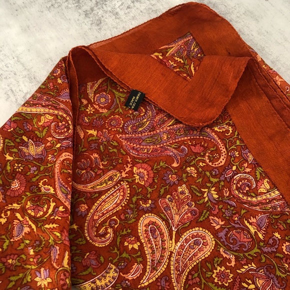 Handloom Pure Silk Scarf India Vibrant Rich Burnt Orange Terracotta  43”x43” - Picture 9 of 16